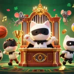 Play games and win with RR99 in this vibrant casino-themed illustration featuring a white cat and dynamic sports elements.