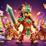 dabet39 casino illustration featuring Aztec warrior, vibrant slot game, and dynamic gaming elements.