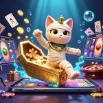 Experience Halobet’s thrilling scene with a vibrant Egyptian mummy cat and dynamic casino elements.