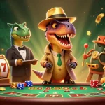 Engaging slot bonus scene featuring a velociraptor card counter, stegosaurus pit boss, and compy pickpocket in a lively casino.