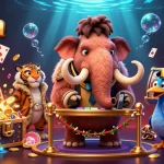 Experience the casino fun at 32win with a vibrant scene featuring a woolly mammoth bouncer and thrilling slot games.