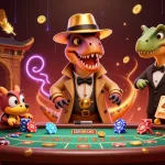 Experience thrilling gameplay at pg88 with a velociraptor card counter under watchful eyes in a rich casino scene.