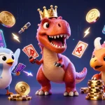 Experience thrilling gaming at OPEN88 with a playful T-Rex, pterodactyl, and triceratops in a vibrant casino scene.