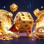 Play with sunwin's vibrant games as golden dice and jewels create a rich casino atmosphere.