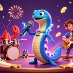 Experience thrilling moments at the au online casino with lively characters celebrating on stage.
