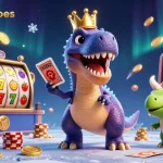 Shuffle cards with crocsworkshoes' T-Rex in a lively casino scene featuring jackpot slots.