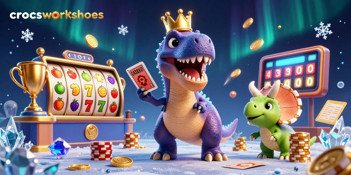 Shuffle cards with crocsworkshoes' T-Rex in a lively casino scene featuring jackpot slots.
