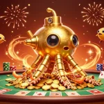 Sin88 combines a golden kraken submarine amidst poker chips and cards in a vibrant casino scene.