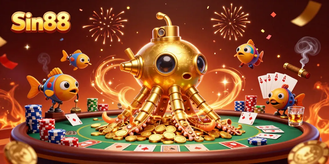 Sin88 combines a golden kraken submarine amidst poker chips and cards in a vibrant casino scene.