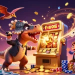 Catch flying golden coins at fv88 as a 3D cartoon dinosaur headbutts a jackpot slot machine.
