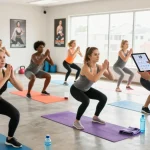 People in a fitness class using a BMI Calculator app for health tracking