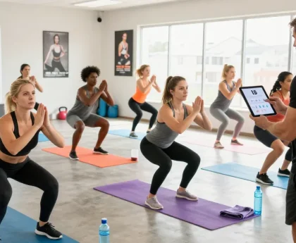 People in a fitness class using a BMI Calculator app for health tracking