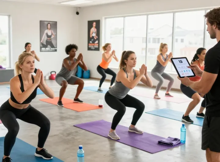 People in a fitness class using a BMI Calculator app for health tracking
