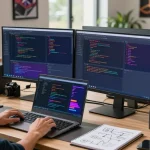 Bungee Exchange developer working on cross-chain transactions in a modern office.