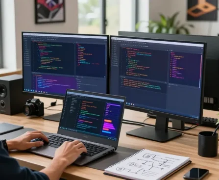 Bungee Exchange developer working on cross-chain transactions in a modern office.