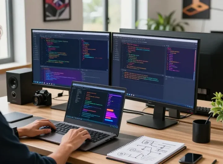 Bungee Exchange developer working on cross-chain transactions in a modern office.
