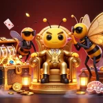 For Paws casino illustration showcasing a bumblebee mob boss among slot reels and treasures.