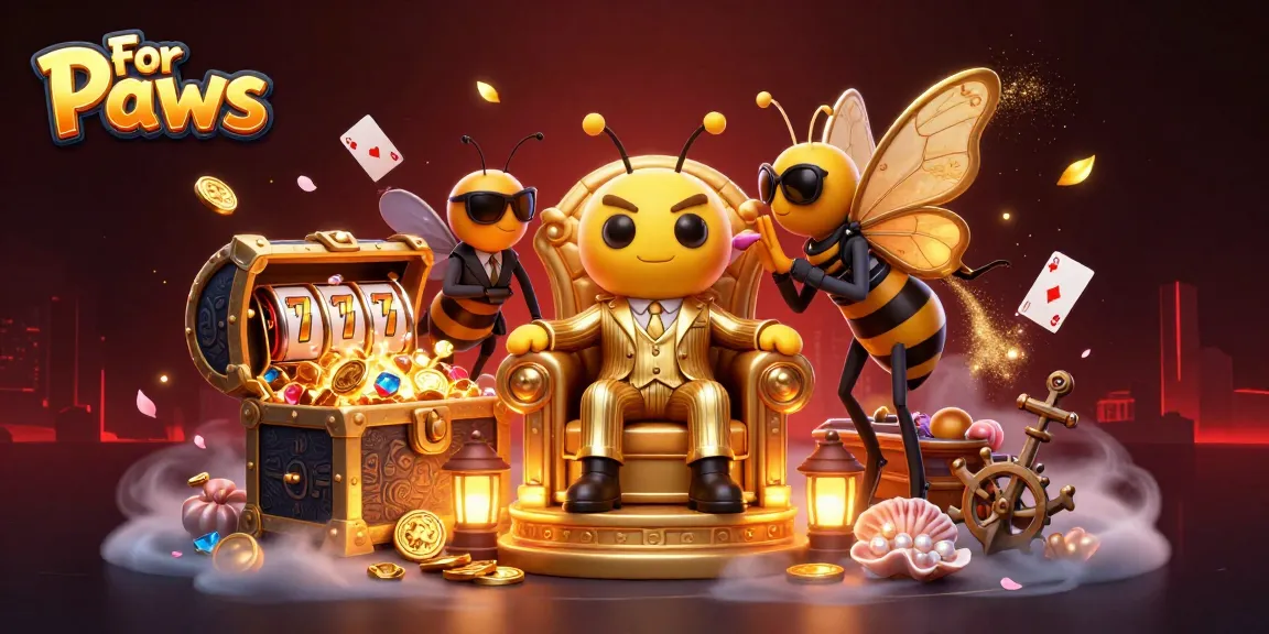 For Paws casino illustration showcasing a bumblebee mob boss among slot reels and treasures.