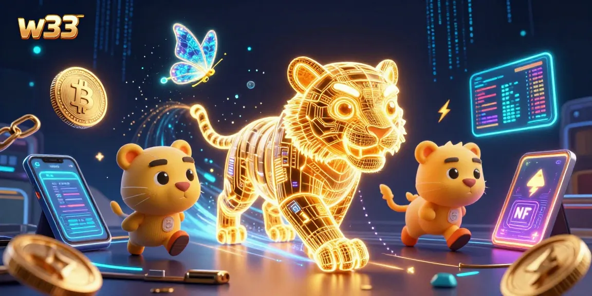 Engage with world-class gaming at w33, featuring a captivating tiger in a digital casino landscape.
