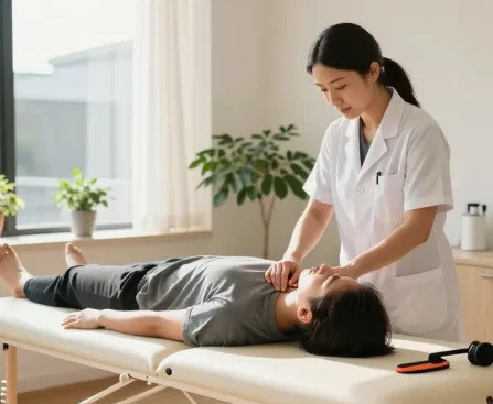 Sydney chiropractor providing gentle neck adjustments in a tranquil, modern clinic atmosphere.