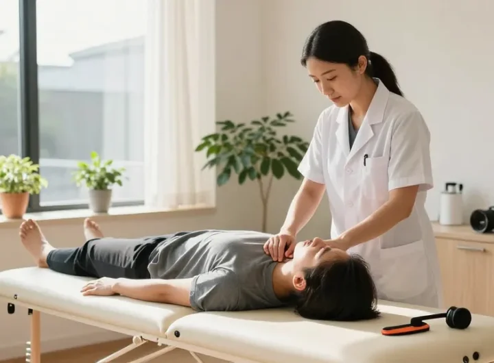 Sydney chiropractor providing gentle neck adjustments in a tranquil, modern clinic atmosphere.