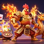 Cakhiatv engaging with vibrant gambling elements featuring a rooster warrior, dragon hatchling, and fortune cat in a lively casino scene