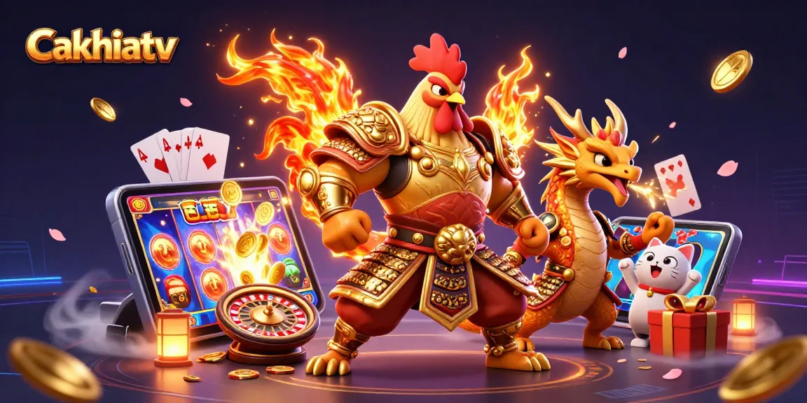 Cakhiatv engaging with vibrant gambling elements featuring a rooster warrior, dragon hatchling, and fortune cat in a lively casino scene