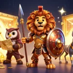 Engage with the exciting casino world of 888new featuring a majestic Spartan lion, tactical owl, and greyhound amidst treasure and jewels.