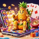 Experience excitement at zo88 with a vibrant 3D casino scene featuring a golden pineapple king and dynamic game elements.