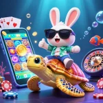 Spin to win with oxbet’s vibrant 3D scene of a lucky rabbit and golden turtle in a casino adventure!