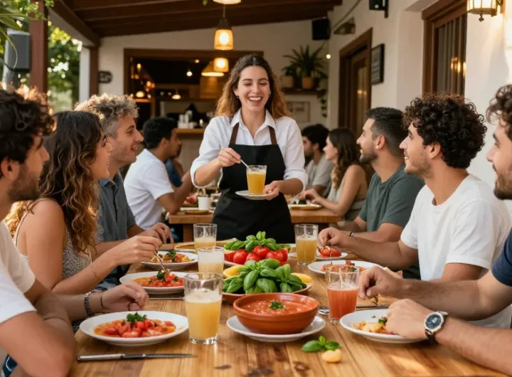Experience the best salmorejo near me with friends in an inviting Spanish tapas bar atmosphere.