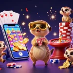 Experience the excitement of EE88 with meerkats running a vibrant casino, surrounded by slot games and confetti.