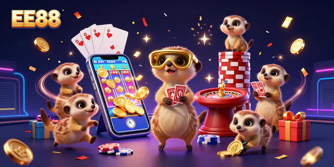 Experience the excitement of EE88 with meerkats running a vibrant casino, surrounded by slot games and confetti.