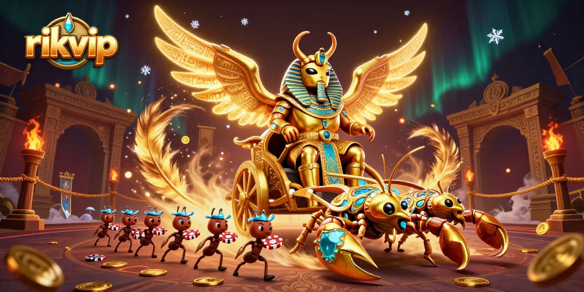 Experience gameplay at rikvip with a vibrant scene of a golden scarab beetle and scorpions surrounded by gaming elements.