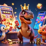 Experience winning moments at CM88 with cartoon dinosaurs playing cards and managing casino chips in a vibrant scene.