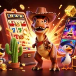 Join the adventure at credit card casinos with a cowboy dinosaur and a dynamic casino scene.