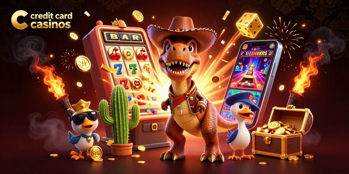 Join the adventure at credit card casinos with a cowboy dinosaur and a dynamic casino scene.
