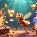 Experience U31's thrilling casino games with a dynamic scene of a mascot and DJ celebrating jackpots.