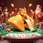 Engage with the thrilling world of 789F casino, showcasing a magical fortune cookie scene with poker elements.