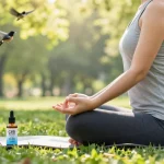 Yoga practice in nature with CBD North's cbd isolate oil nearby, highlighting wellness and tranquility.