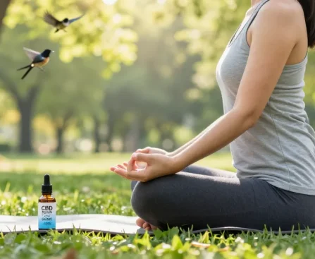 Yoga practice in nature with CBD North's cbd isolate oil nearby, highlighting wellness and tranquility.