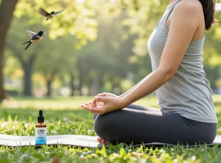 Yoga practice in nature with CBD North's cbd isolate oil nearby, highlighting wellness and tranquility.
