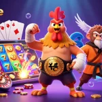 Socolive's exhilarating scene featuring a Muay Thai rooster and martial artists surrounded by vibrant casino elements.